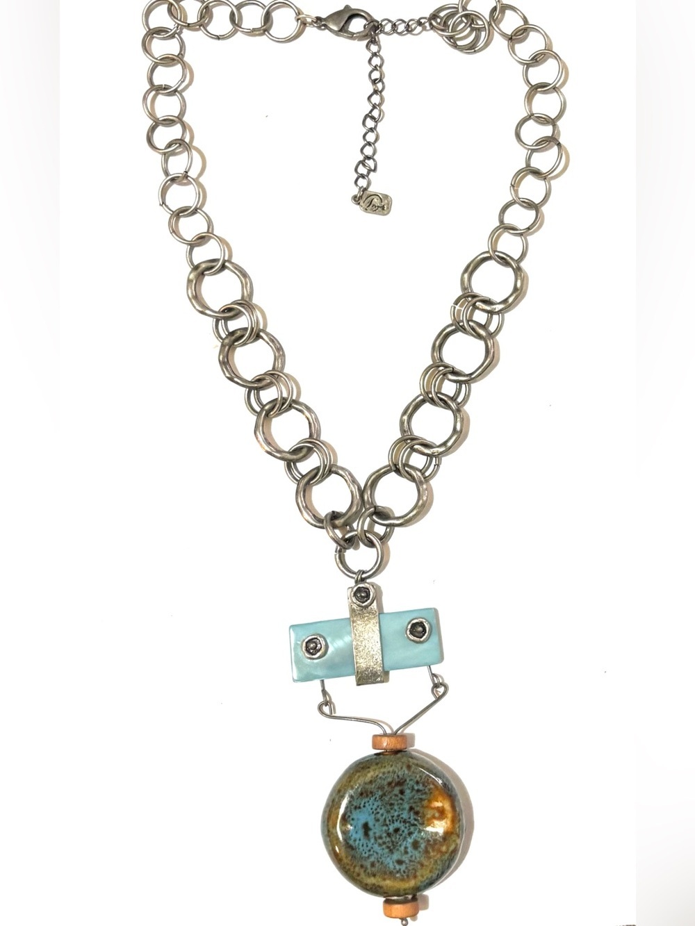 Vintage Silver-Tone Necklace with Turquoise and Brown Ceramic Pendant